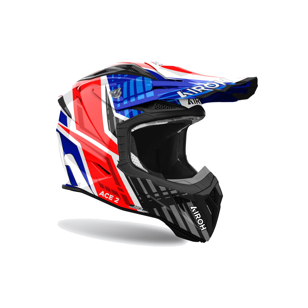 Airoh Aviator Ace 2 Proud Blu/Rosso/Bianco Lucido AV22P18, casco cross, vista di tre quarti dal lato destro