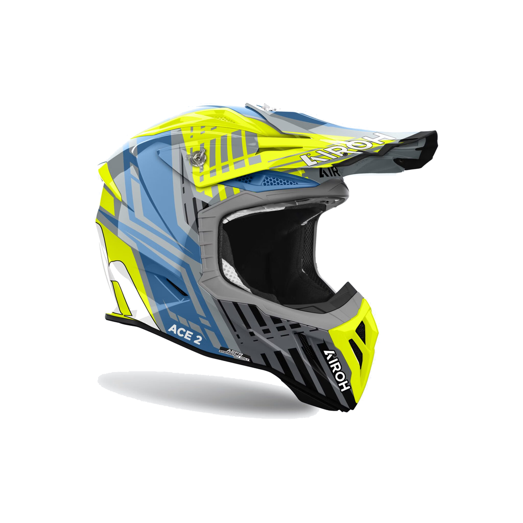 Airoh Aviator Ace 2 Proud Giallo Fluo/Azzurro/Grigio Lucido AV22P31, casco cross, vista di tre quarti dal lato destro