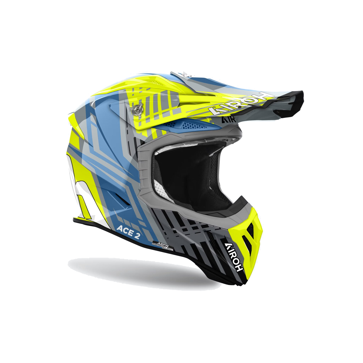 Airoh Aviator Ace 2 Proud Giallo Fluo/Azzurro/Grigio Lucido AV22P31, casco cross, vista di tre quarti dal lato destro