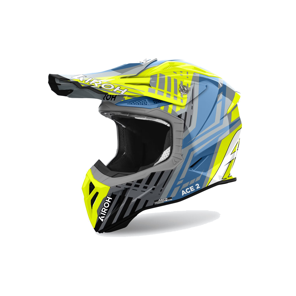 Airoh Aviator Ace 2 Proud Giallo Fluo/Azzurro/Grigio Lucido AV22P31, casco cross, vista di tre quarti dal lato sinistro