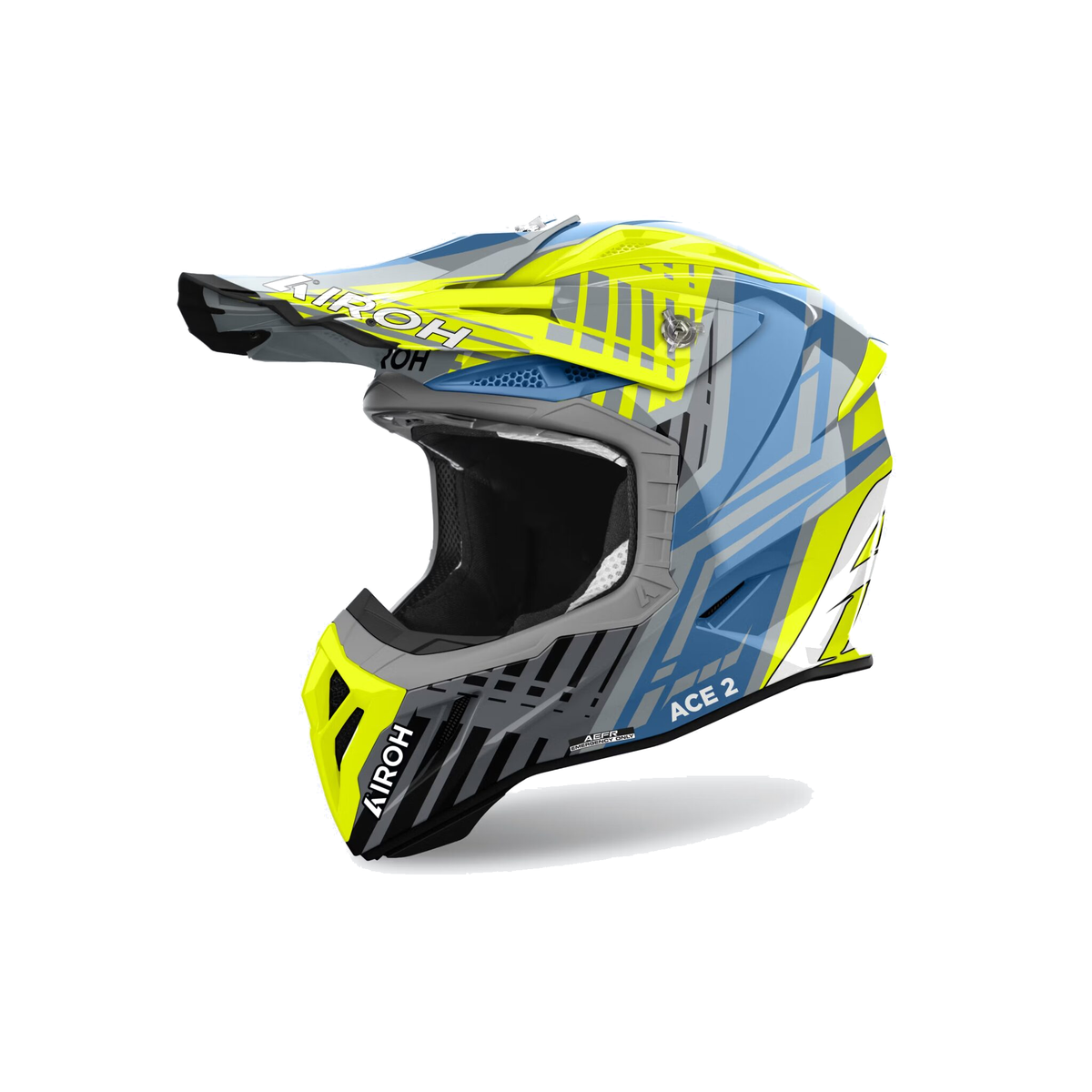 Airoh Aviator Ace 2 Proud Giallo Fluo/Azzurro/Grigio Lucido AV22P31, casco cross, vista di tre quarti dal lato sinistro