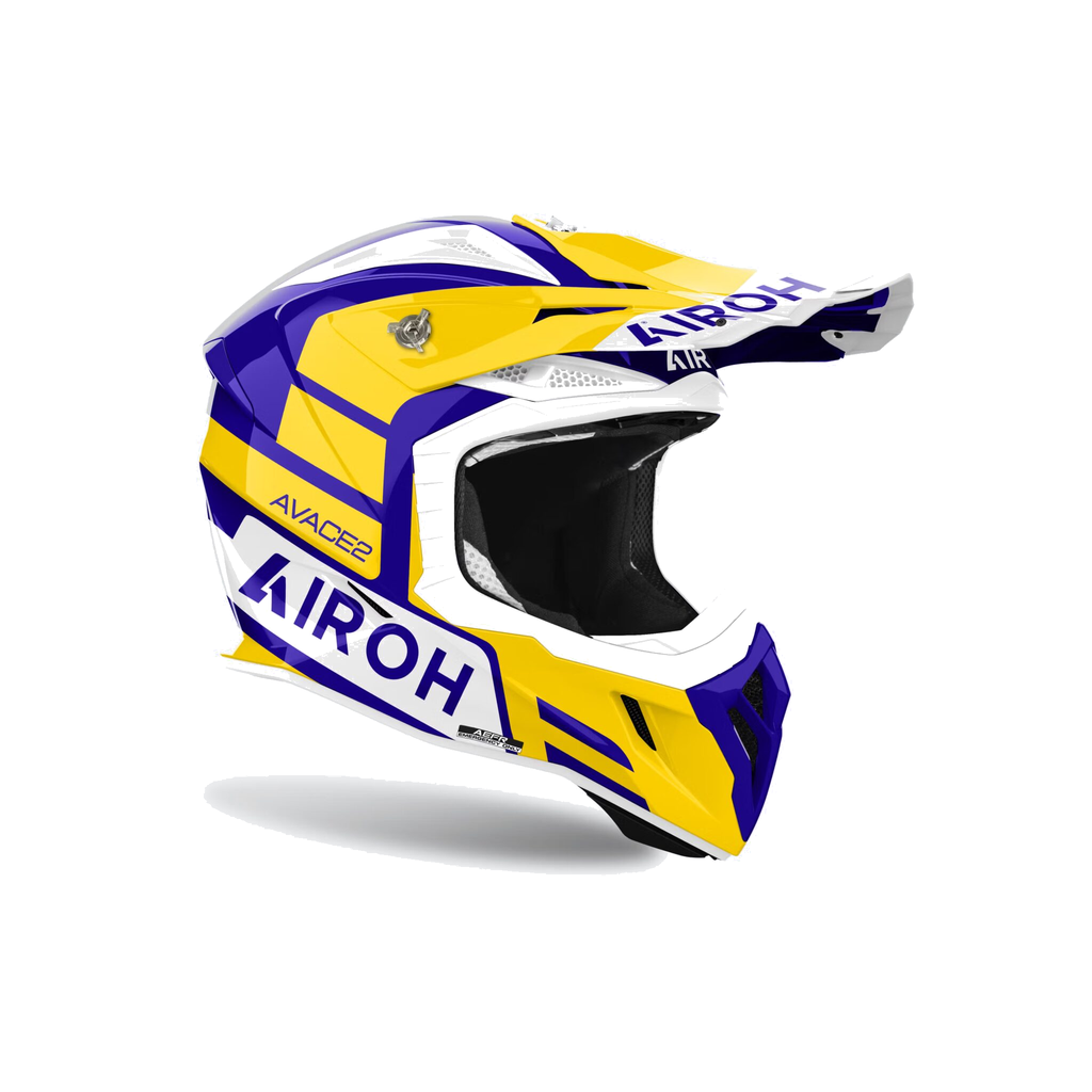 Airoh Aviator Ace 2 Sake Giallo/Blu/Bianco Lucido AV22A08, casco cross, vista di tre quarti dal lato destro
