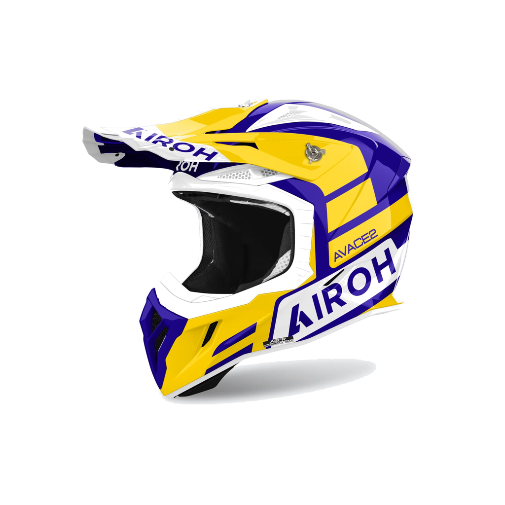 Airoh Aviator Ace 2 Sake Giallo/Blu/Bianco Lucido AV22A08, casco cross, vista di tre quarti dal lato sinistro