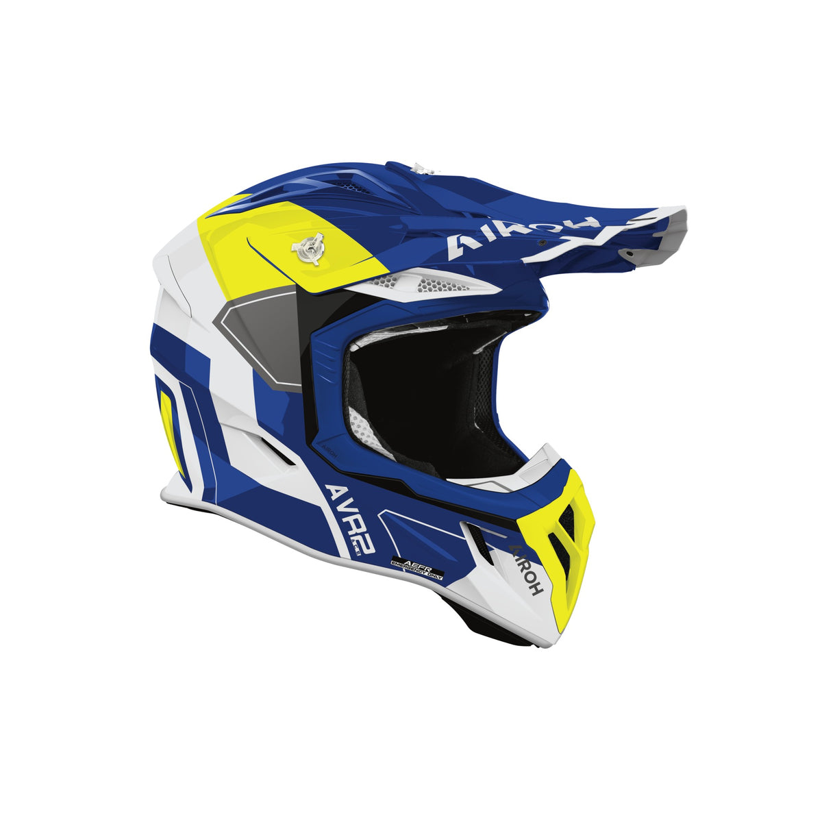 Casco cross Airoh Aviator Ace 2 Shield Blu/Giallo Fluo Lucido, vista di tre quarti dal lato opposto