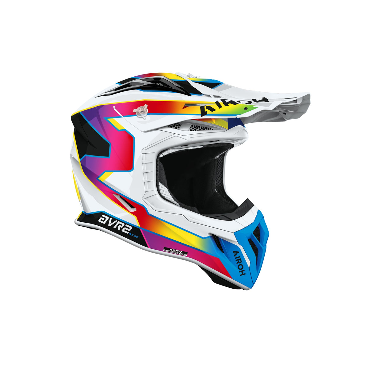 Casco cross Airoh Aviator Ace 2 Sunrise Bianco/Multicolore Lucido, vista di tre quarti dal lato opposto