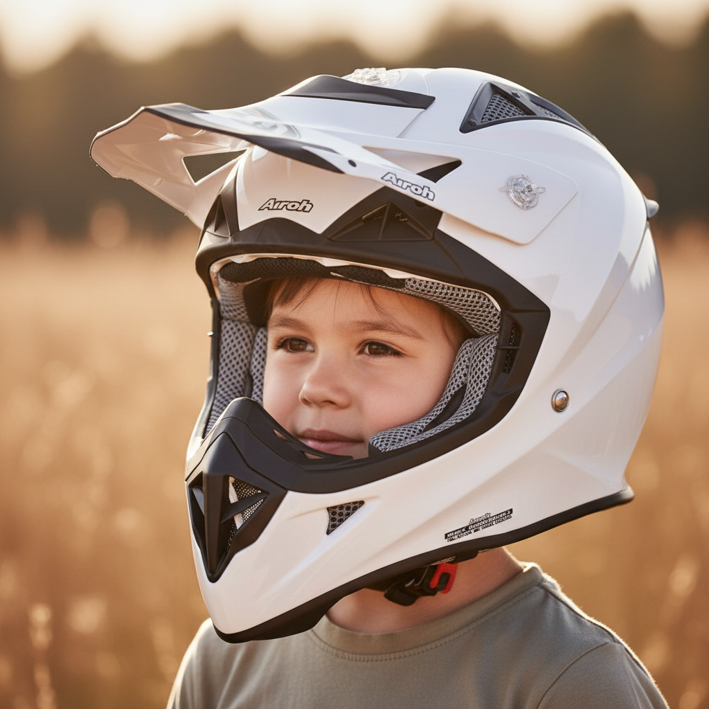 Bambino con casco cross Airoh Aviator Junior bianco lucido indossato e cinturino a doppio anello allacciato