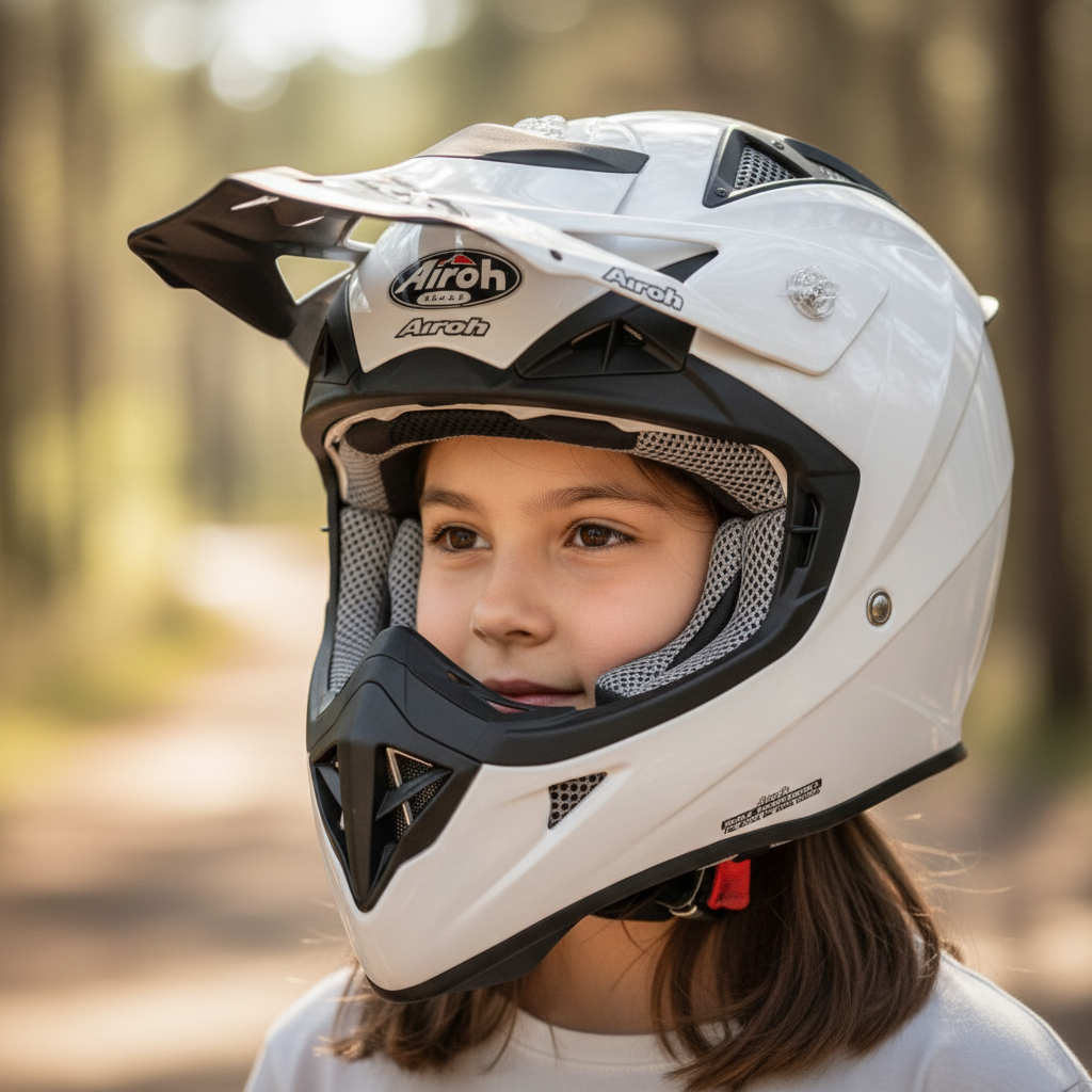 Bambina con casco cross Airoh Aviator Junior bianco lucido indossato in un campo al tramonto