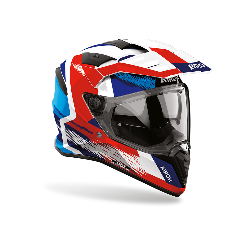 Airoh Bandit BADX-X Airspeed Blu/Rosso Lucido visto di tre quarti dal lato destro, con frontino e visiera
