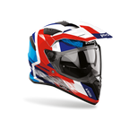 Airoh Bandit BADX-X Airspeed Blu/Rosso Lucido visto di tre quarti dal lato destro, con frontino e visiera