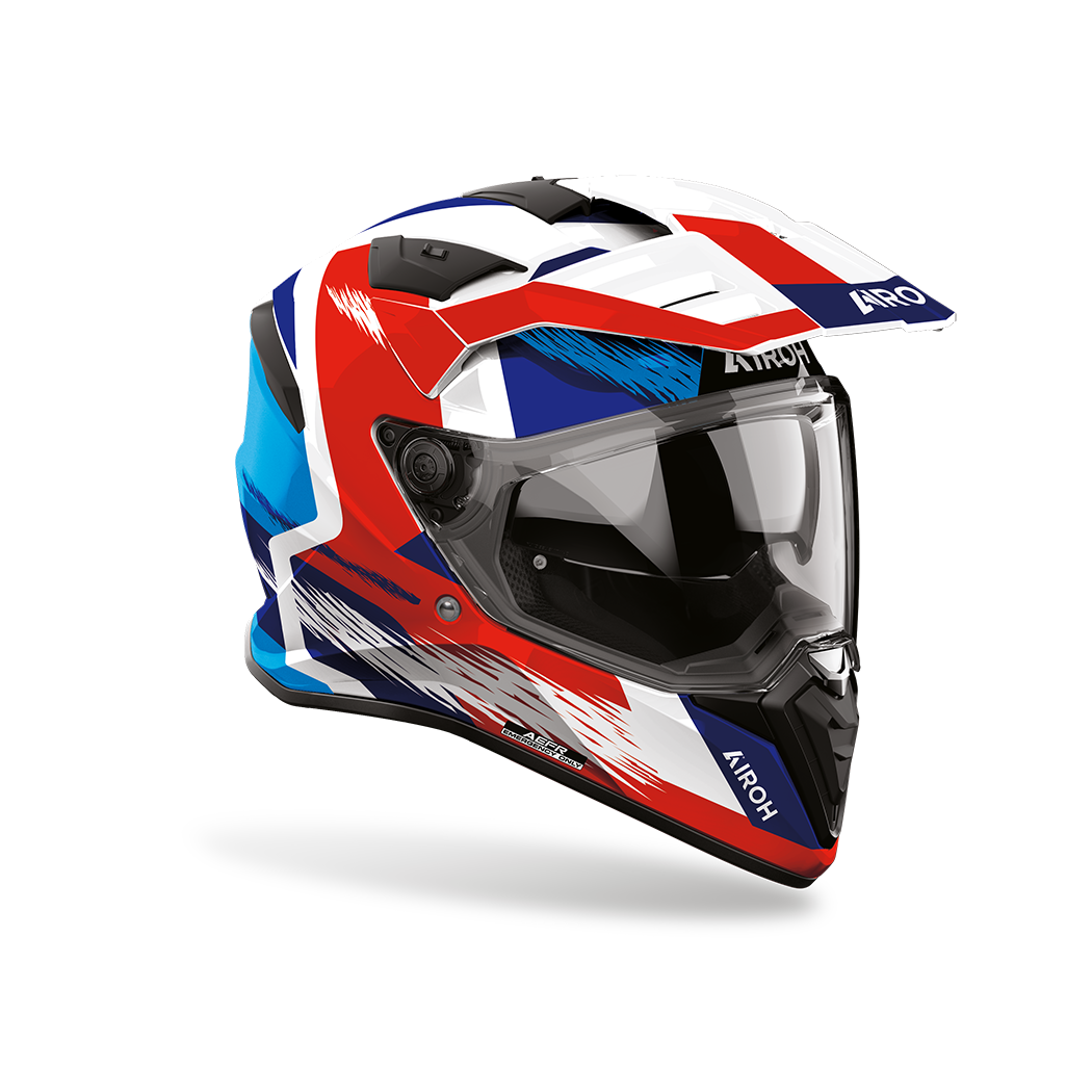Airoh Bandit BADX-X Airspeed Blu/Rosso Lucido visto di tre quarti dal lato destro, con frontino e visiera