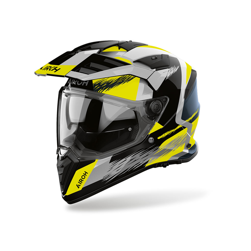 Airoh Bandit BADX-X Airspeed Giallo Lucido (BATA31), casco adventure visto di tre quarti dal lato sinistro, grafica gialla, nera, bianca e grigia, lucida