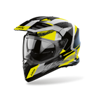 Airoh Bandit BADX-X Airspeed Giallo Lucido (BATA31), casco adventure visto di tre quarti dal lato sinistro, grafica gialla, nera, bianca e grigia, lucida