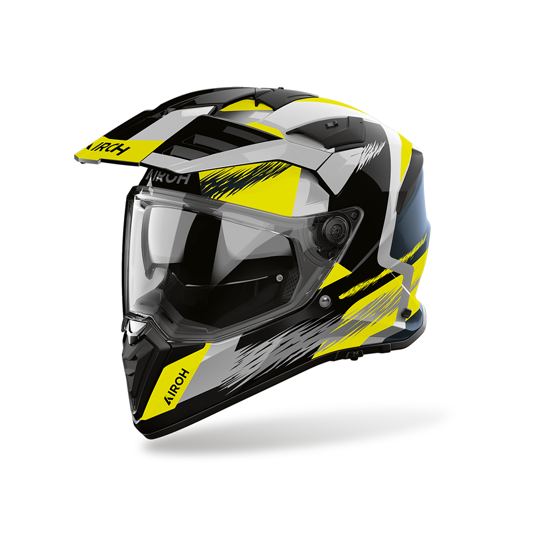 Airoh Bandit BADX-X Airspeed Giallo Lucido (BATA31), casco adventure visto di tre quarti dal lato sinistro, grafica gialla, nera, bianca e grigia, lucida