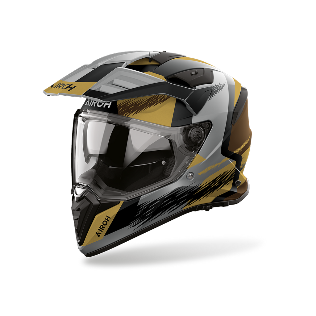 Airoh Bandit BADX-X Airspeed Sabbia Opaco (BATA35), casco adventure visto di tre quarti dal lato sinistro, grafica sabbia, grigia e nera, opaca