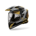 Airoh Bandit BADX-X Airspeed Sabbia Opaco (BATA35), casco adventure visto di tre quarti dal lato sinistro, grafica sabbia, grigia e nera, opaca