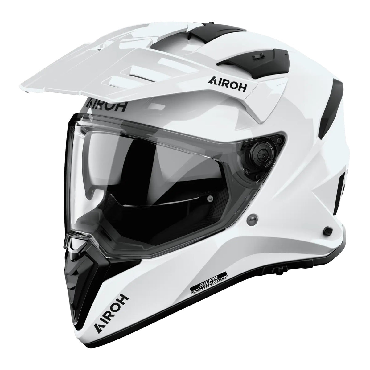 Airoh Bandit BADX-X Color Bianco Lucido (BA14), casco adventure visto di tre quarti dal lato sinistro, grafica bianca lucida a tinta unita