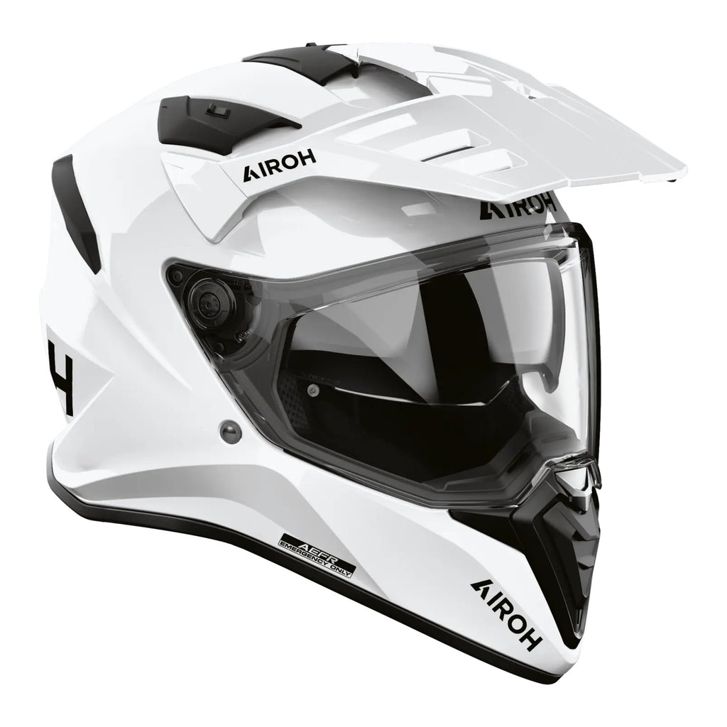 Airoh Bandit BADX-X Color Bianco Lucido visto di tre quarti dal lato destro, con frontino e visiera