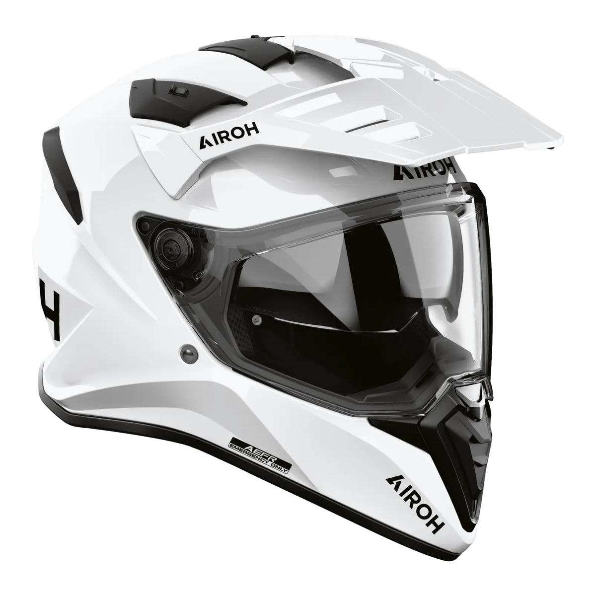 Airoh Bandit BADX-X Color Bianco Lucido visto di tre quarti dal lato destro, con frontino e visiera