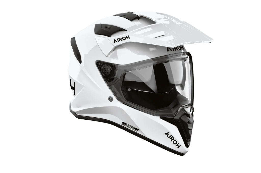 Airoh Bandit BADX-X Color Bianco Lucido visto di tre quarti dal lato destro, con frontino e visiera