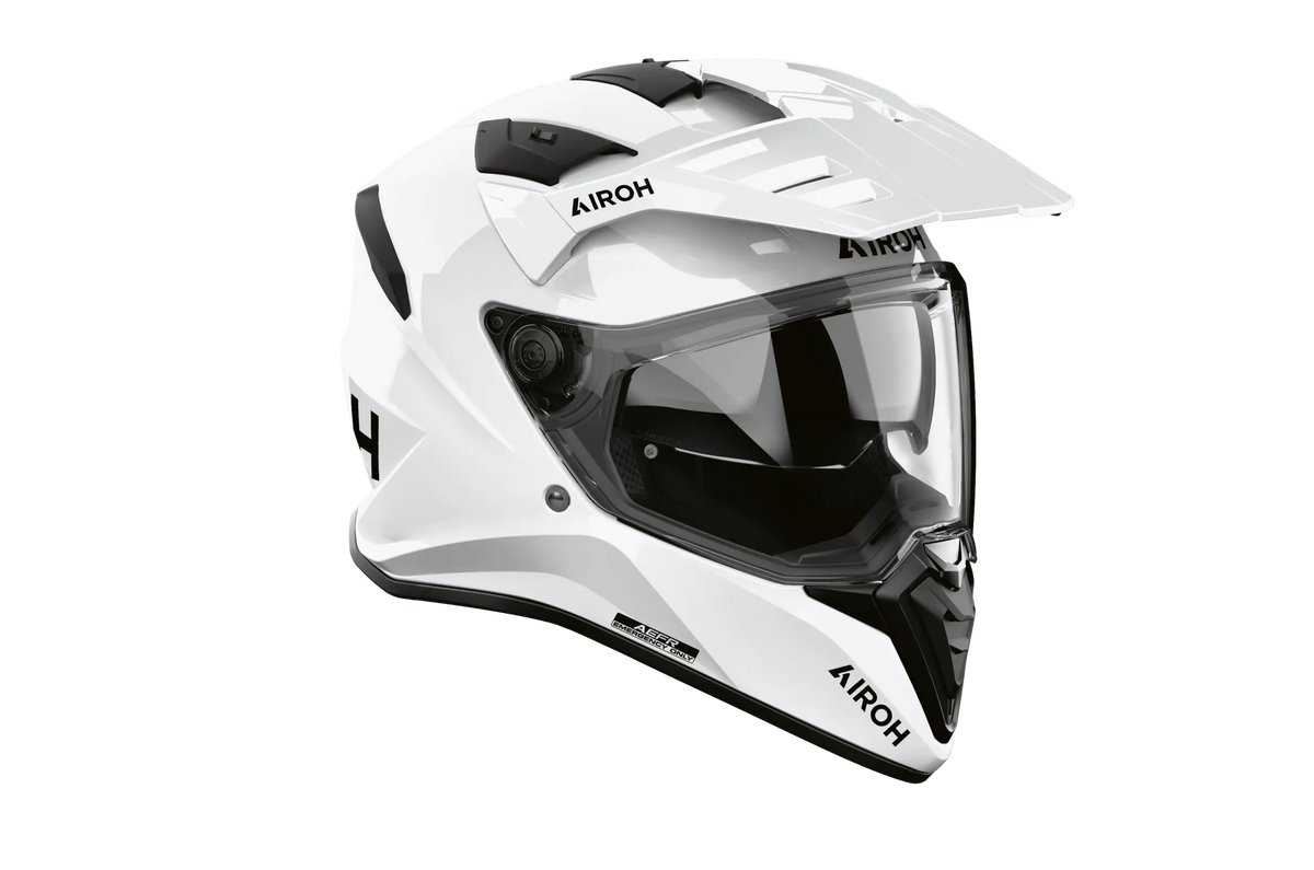 Airoh Bandit BADX-X Color Bianco Lucido visto di tre quarti dal lato destro, con frontino e visiera