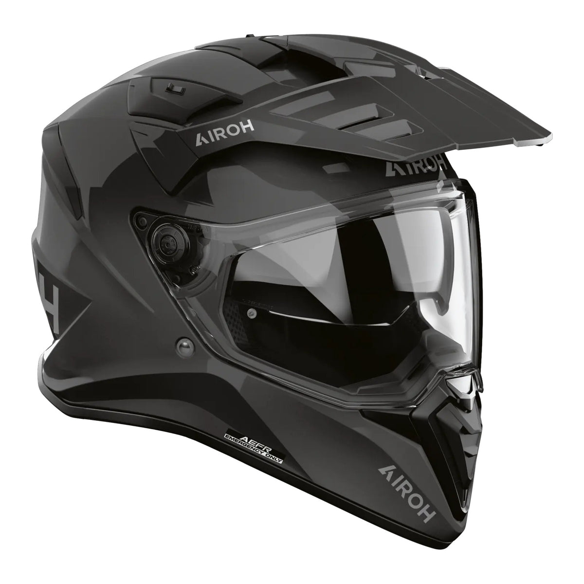 Airoh Bandit BADX-X Color Grigio Scuro Lucido visto di tre quarti dal lato destro, con frontino e visiera