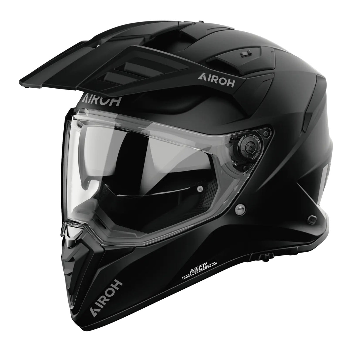 Airoh Bandit BADX-X Color Nero Opaco (BA11), casco adventure visto di tre quarti dal lato sinistro, grafica nera opaca a tinta unita