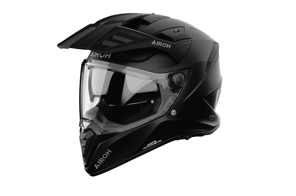 Airoh Bandit BADX-X Color Nero Opaco (BA11), casco adventure visto di tre quarti dal lato sinistro, grafica nera opaca a tinta unita