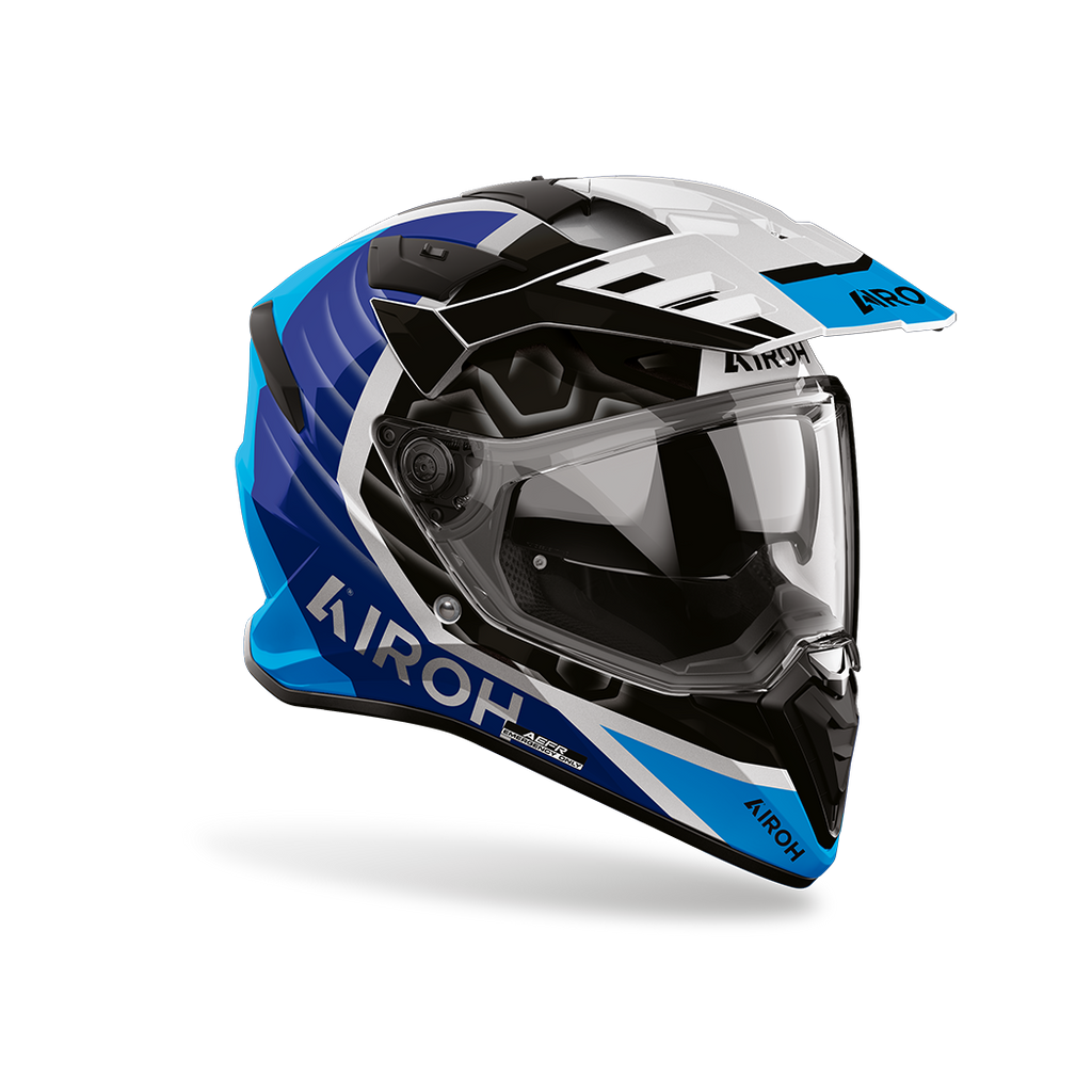 Airoh Bandit BADX-X Cube Blu Lucido visto di tre quarti dal lato destro, con frontino e visiera