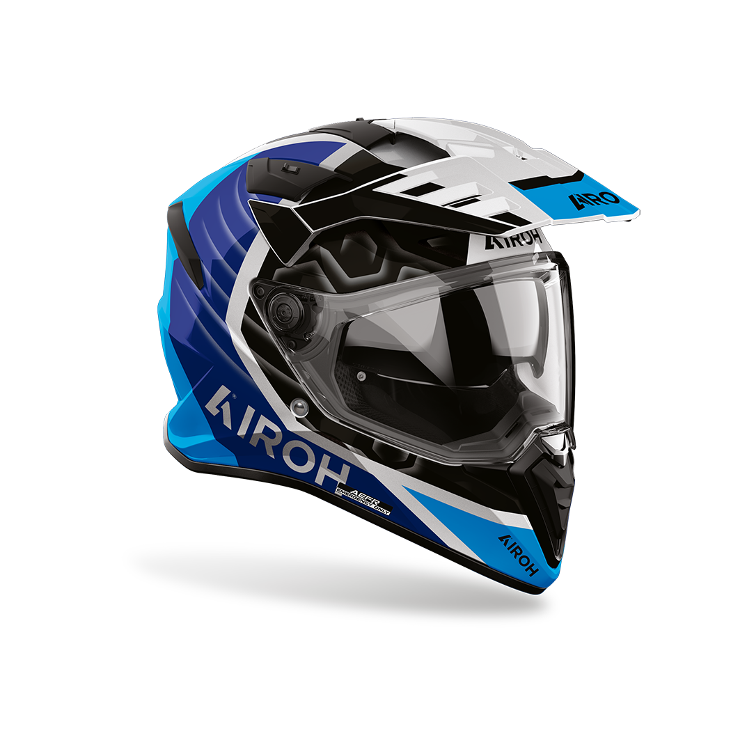 Airoh Bandit BADX-X Cube Blu Lucido visto di tre quarti dal lato destro, con frontino e visiera