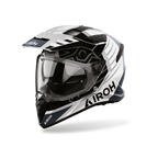 Airoh Bandit BADX-X Cube Grigio Lucido (BATC16), casco adventure visto di tre quarti dal lato sinistro, grafica grigia, bianca e nera, lucida