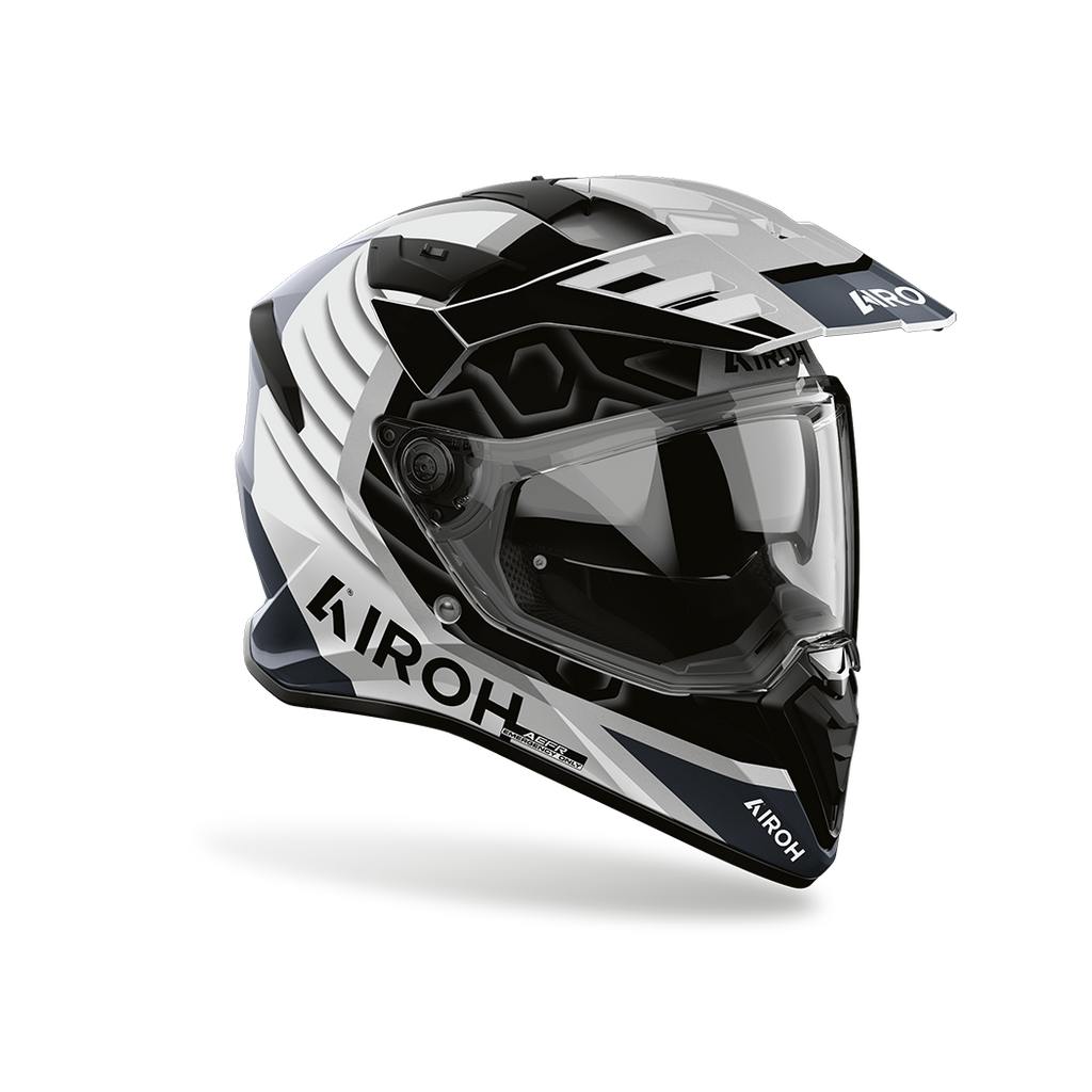Airoh Bandit BADX-X Cube Grigio Lucido visto di tre quarti dal lato destro, con frontino e visiera