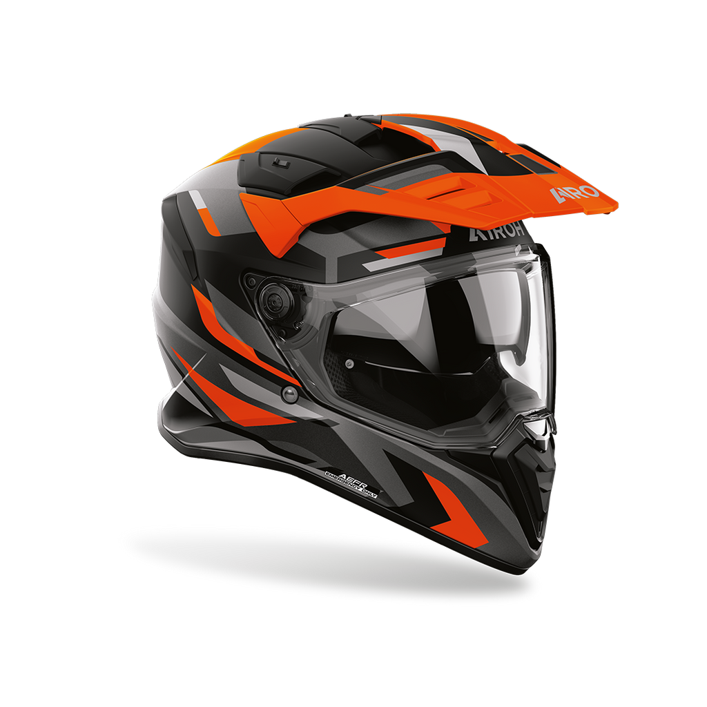 Airoh Bandit BADX-X Glitch Arancio Opaco visto di tre quarti dal lato destro, con frontino e visiera