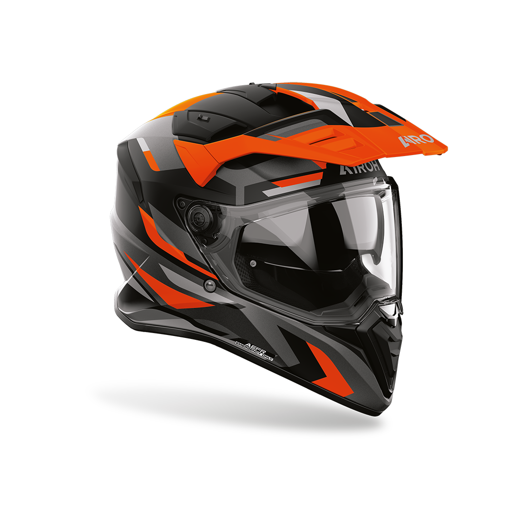 Airoh Bandit BADX-X Glitch Arancio Opaco visto di tre quarti dal lato destro, con frontino e visiera