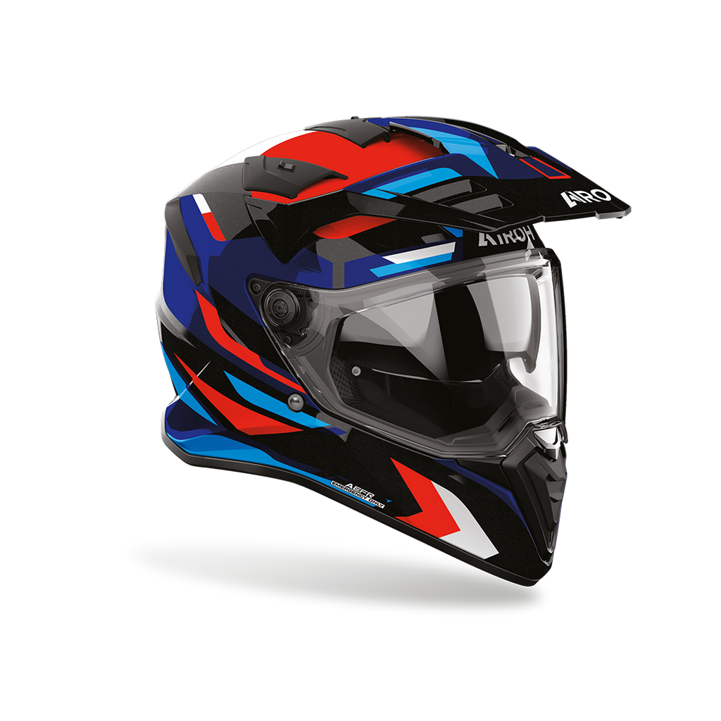 Airoh Bandit BADX-X Glitch Blu/Rosso Lucido visto di tre quarti dal lato destro, con frontino e visiera