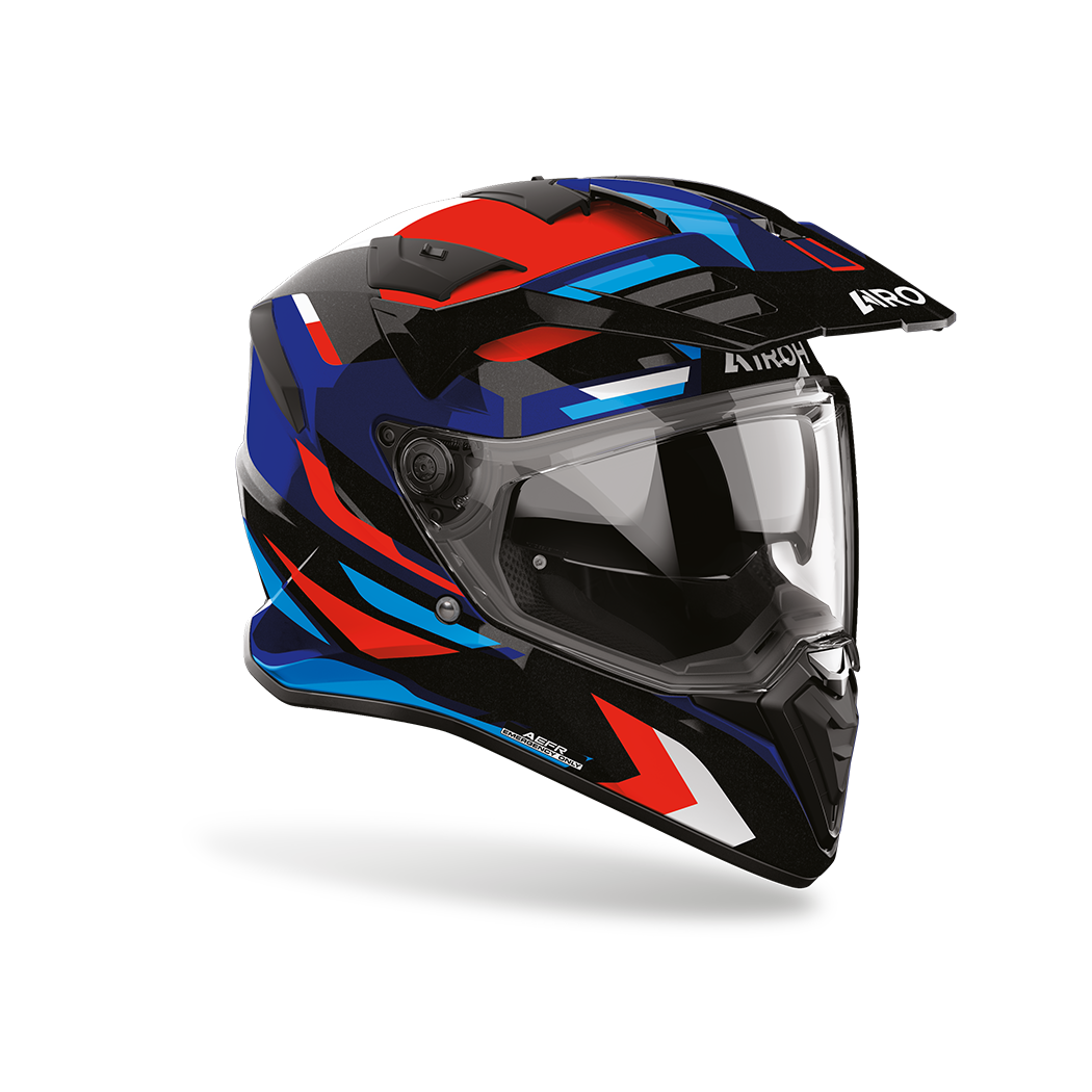 Airoh Bandit BADX-X Glitch Blu/Rosso Lucido visto di tre quarti dal lato destro, con frontino e visiera