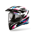 Airoh Bandit BADX-X Glitch Rosa Lucido (BATG54), casco adventure visto di tre quarti dal lato sinistro, grafica bianca e nera con inserti rosa e azzurri, lucida