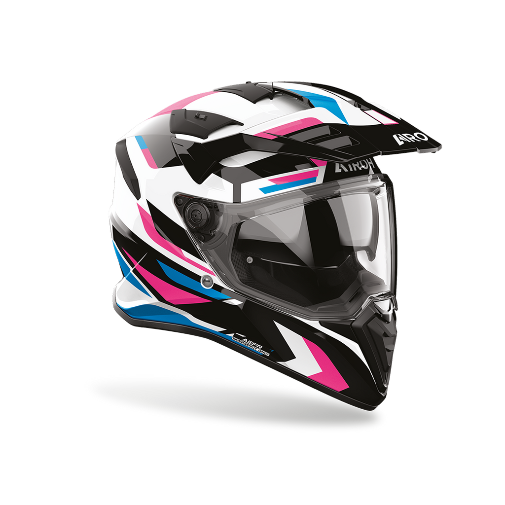 Airoh Bandit BADX-X Glitch Rosa Lucido visto di tre quarti dal lato destro, con frontino e visiera