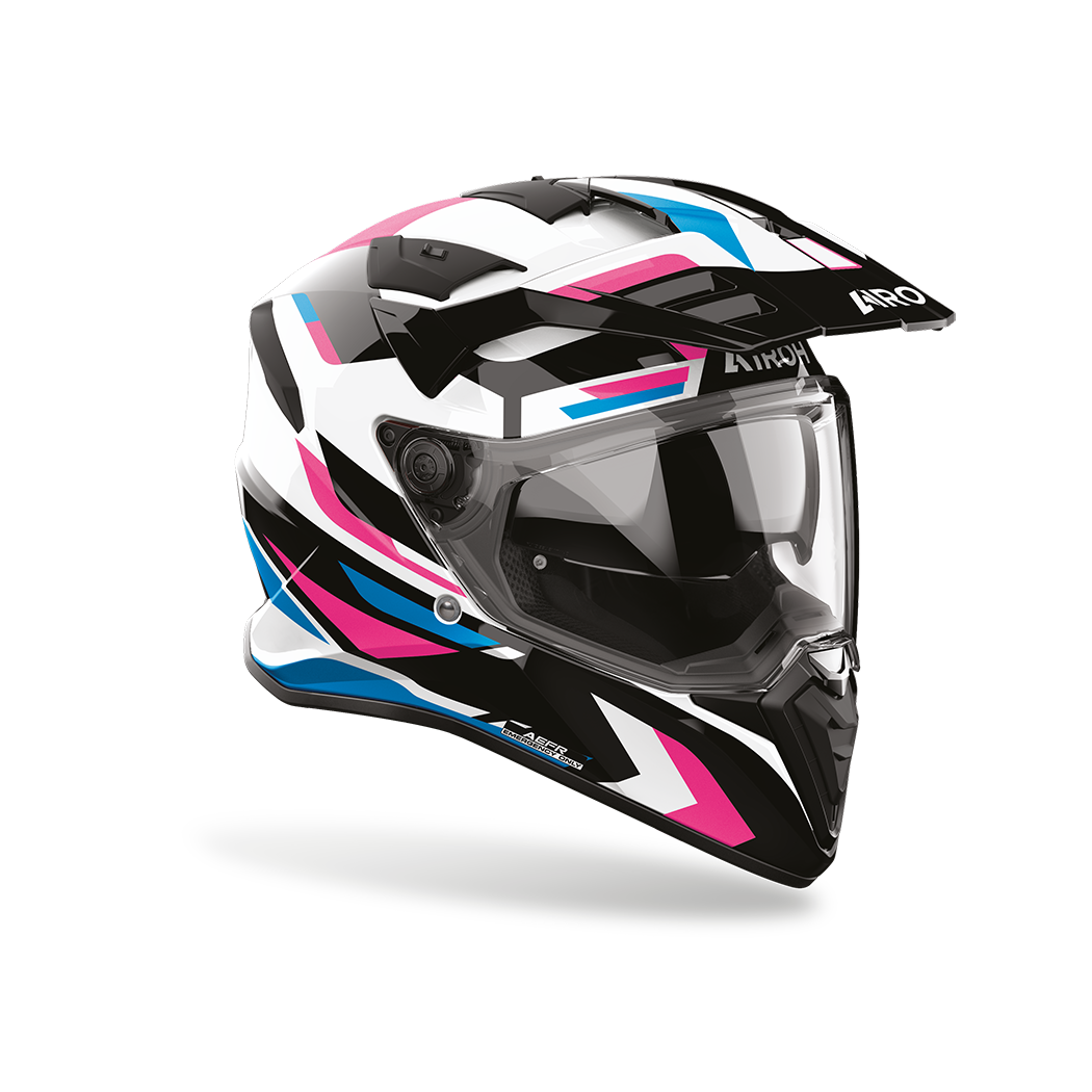 Airoh Bandit BADX-X Glitch Rosa Lucido visto di tre quarti dal lato destro, con frontino e visiera
