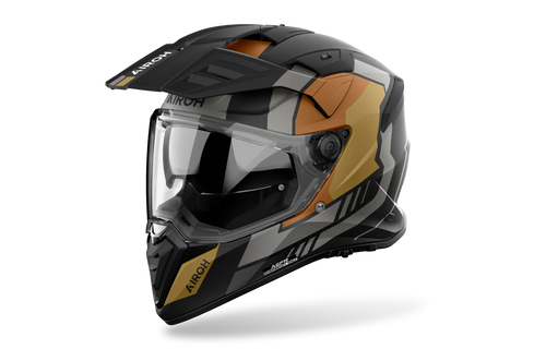 Airoh Bandit BADX-X Horn Oro Opaco (BAH35), casco adventure visto di tre quarti dal lato sinistro, grafica nera e grigia con inserti oro, opaca