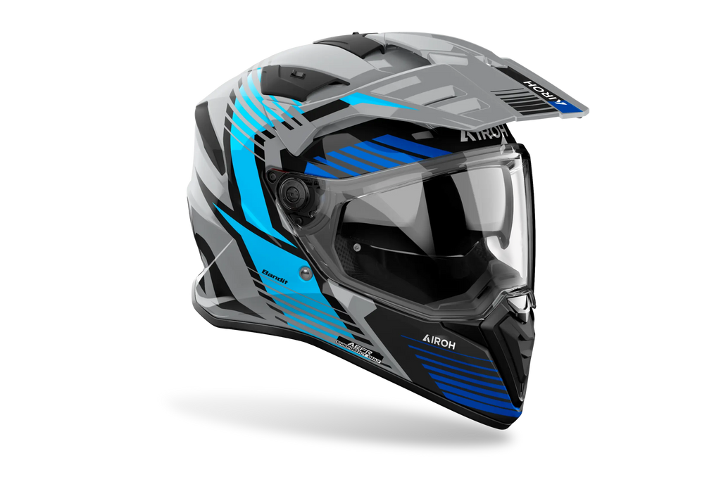 Airoh Bandit BADX-X Spicy Blu Lucido visto di tre quarti dal lato destro, con frontino e visiera