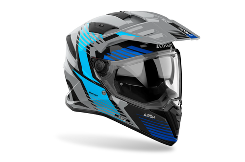 Airoh Bandit BADX-X Spicy Blu Lucido visto di tre quarti dal lato destro, con frontino e visiera