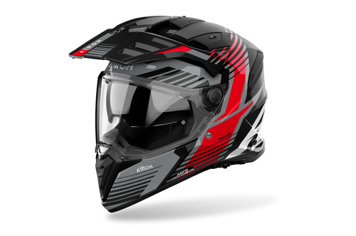 Airoh Bandit BADX-X Spicy Rosso Lucido (BAS55), casco adventure visto di tre quarti dal lato sinistro, grafica nera e grigia con inserti rossi, lucida