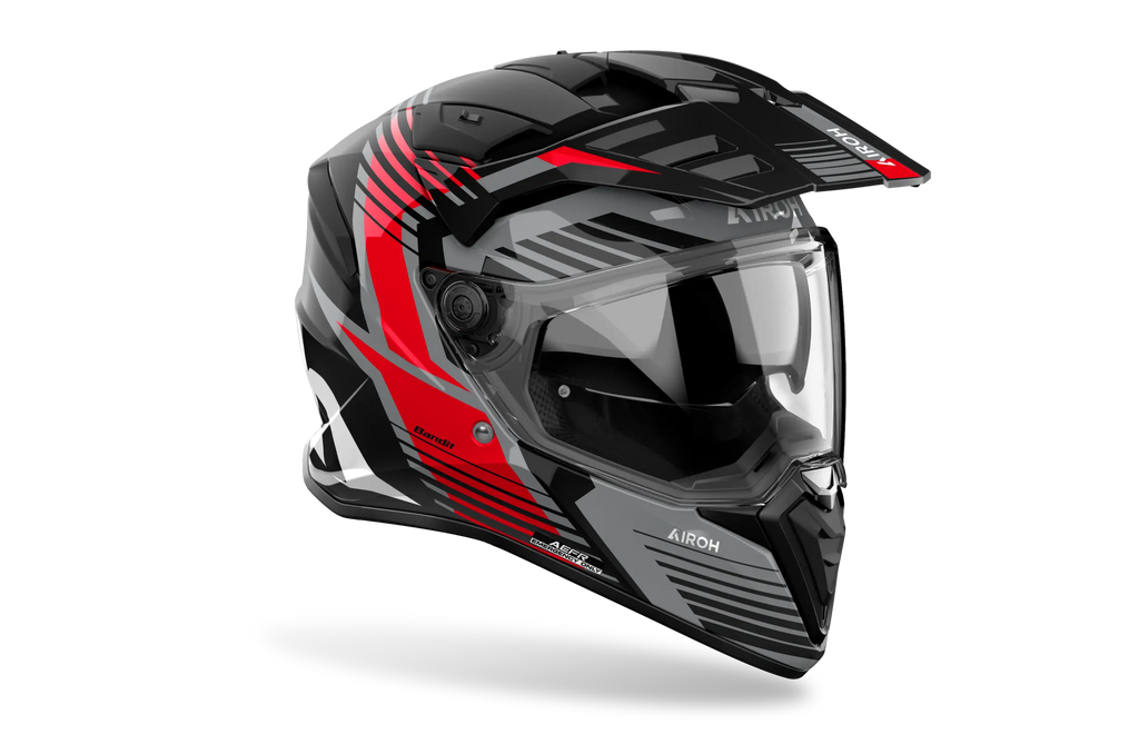 Airoh Bandit BADX-X Spicy Rosso Lucido visto di tre quarti dal lato destro, con frontino e visiera