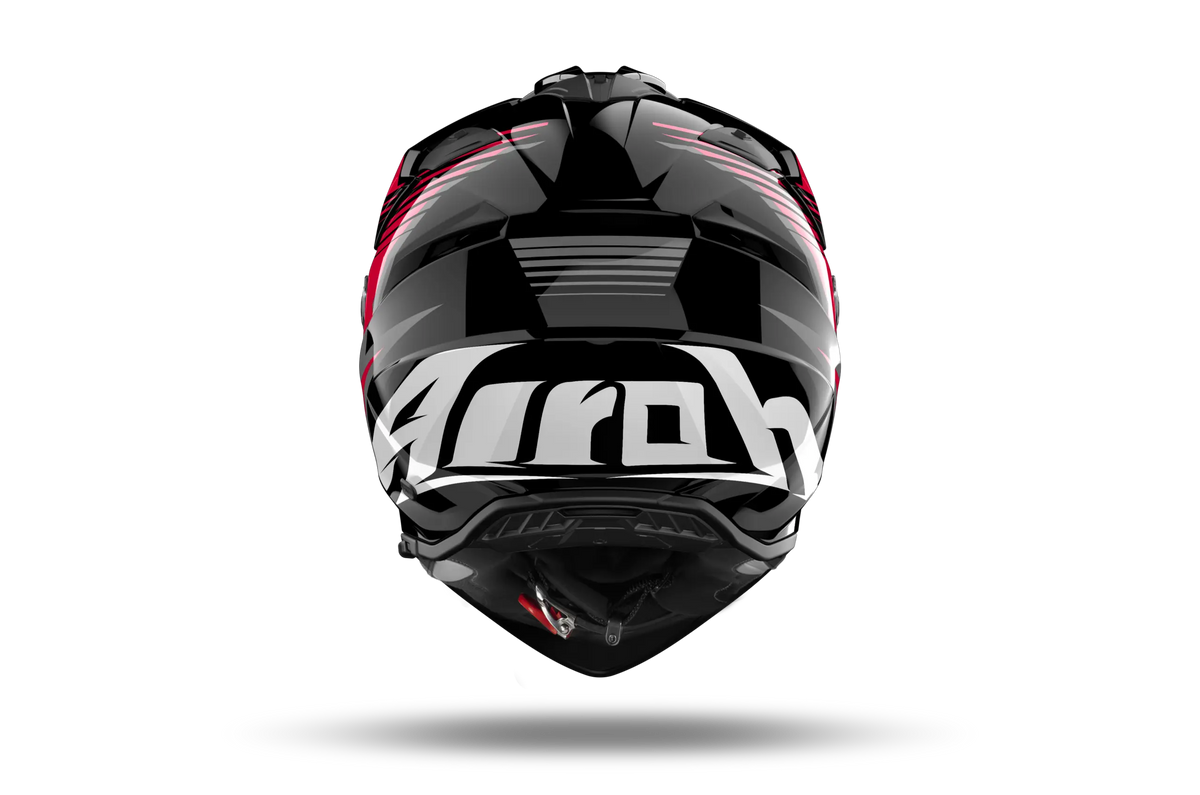Airoh Bandit BADX-X Spicy Rosso Lucido visto da dietro, con la parte posteriore della calotta