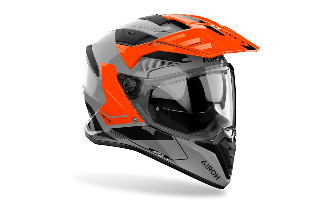 Airoh Bandit BADX-X Tune Arancio Lucido visto di tre quarti dal lato destro, con frontino e visiera