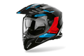 Airoh Bandit BADX-X Tune Blu/Rosso Lucido (BAT17), casco adventure visto di tre quarti dal lato sinistro, grafica nera con inserti azzurri e rossi, lucida