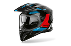 Airoh Bandit BADX-X Tune Blu/Rosso Lucido (BAT17), casco adventure visto di tre quarti dal lato sinistro, grafica nera con inserti azzurri e rossi, lucida