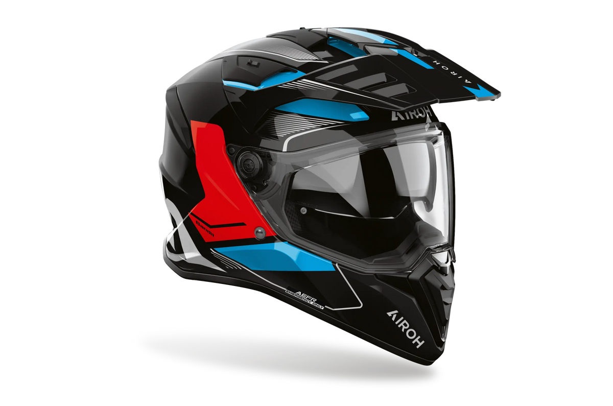 Airoh Bandit BADX-X Tune Blu/Rosso Lucido visto di tre quarti dal lato destro, con frontino e visiera