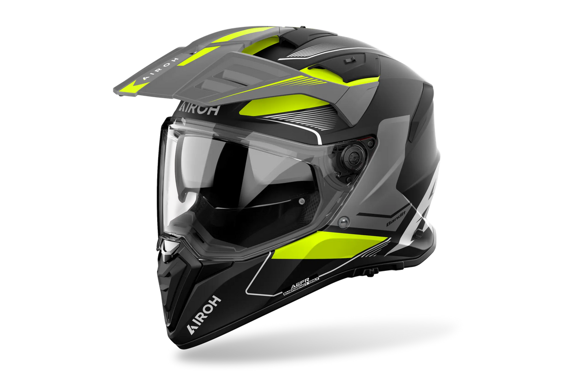 Airoh Bandit BADX-X Tune Giallo Opaco (BAT31), casco adventure visto di tre quarti dal lato sinistro, grafica grigia e nera con inserti gialli, opaca