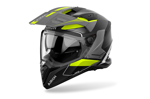 Airoh Bandit BADX-X Tune Giallo Opaco (BAT31), casco adventure visto di tre quarti dal lato sinistro, grafica grigia e nera con inserti gialli, opaca